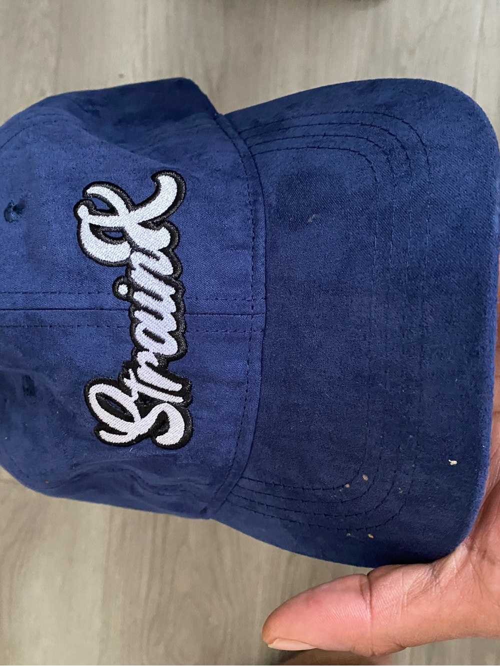 Navy Blue Suede Baseball Cap with Script Embroidery